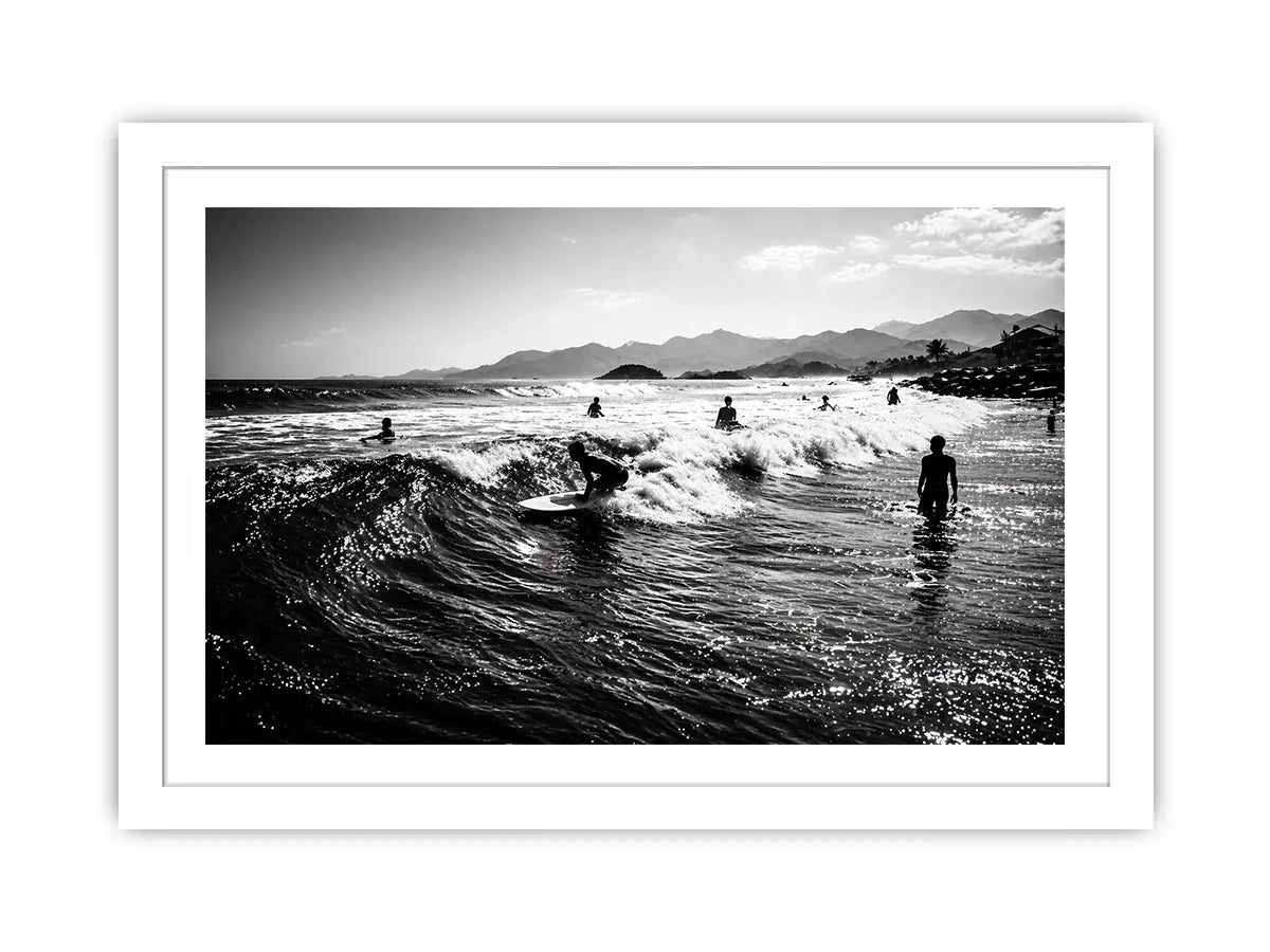 black and white surfing wave with surfers ocean wall art canvas