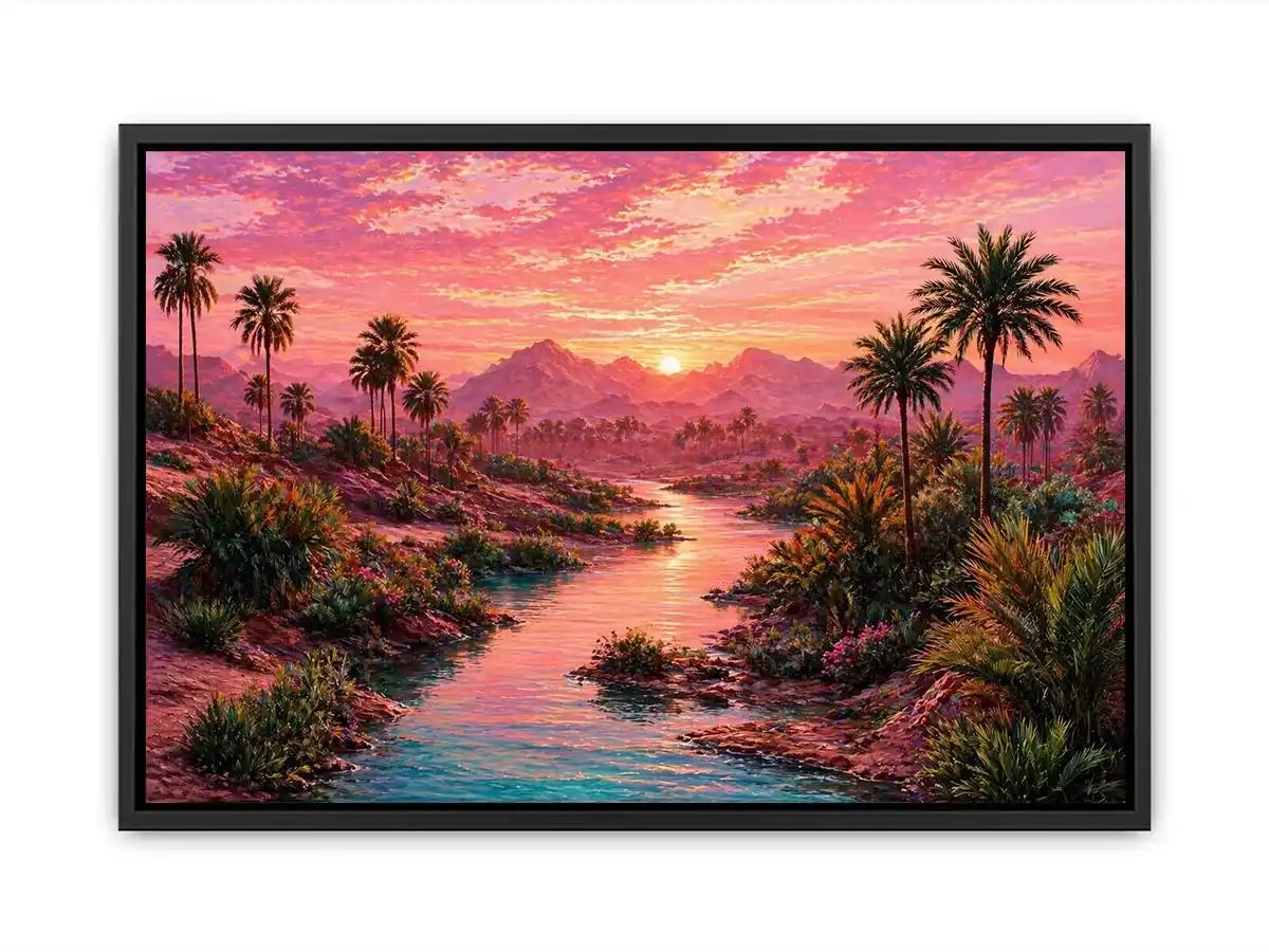 desert oasis landscape with pink sunset sky and palm trees wall art canvas