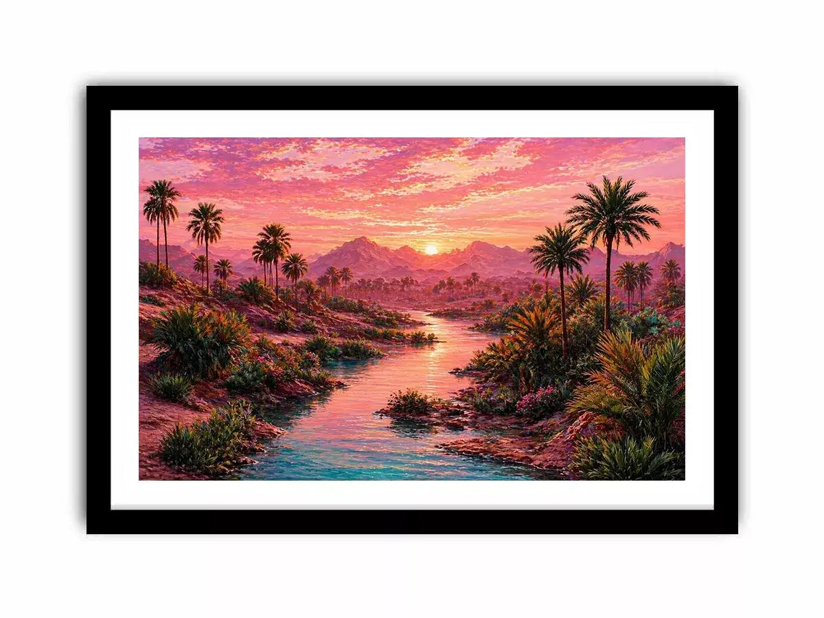 desert oasis landscape with pink sunset sky and palm trees wall art canvas