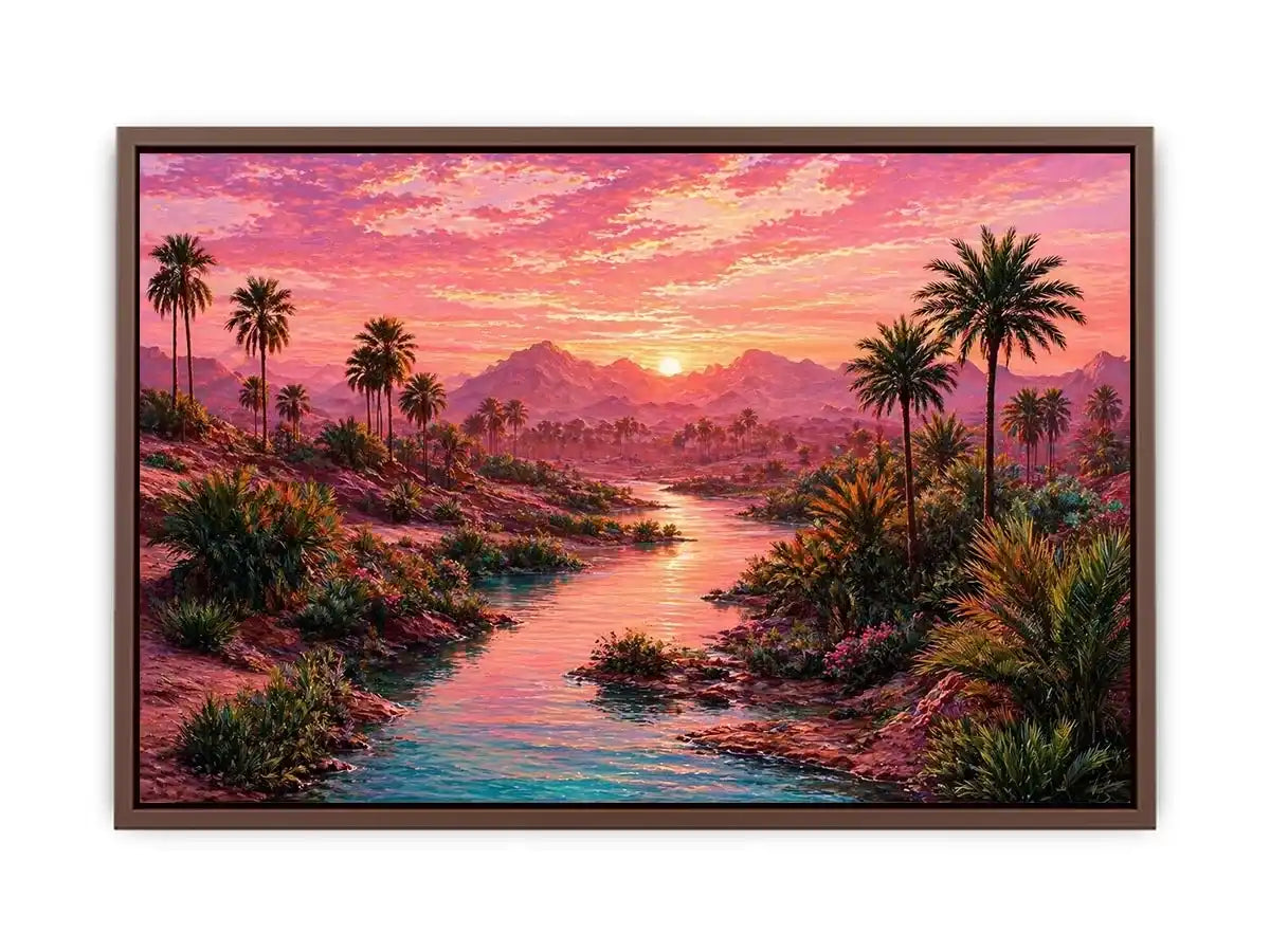desert oasis landscape with pink sunset sky and palm trees wall art canvas