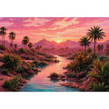 desert oasis landscape with pink sunset sky and palm trees wall art canvas