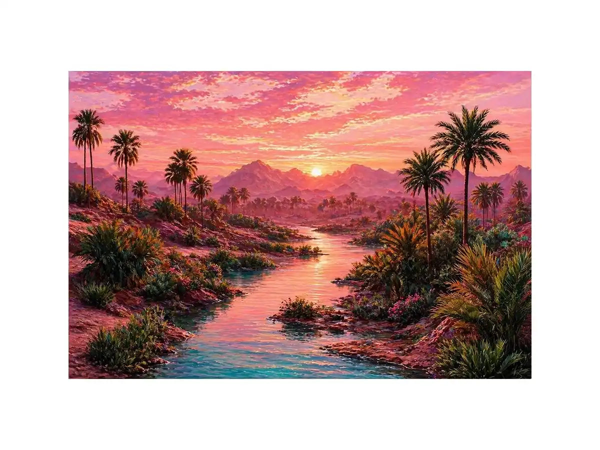 desert oasis landscape with pink sunset sky and palm trees wall art canvas
