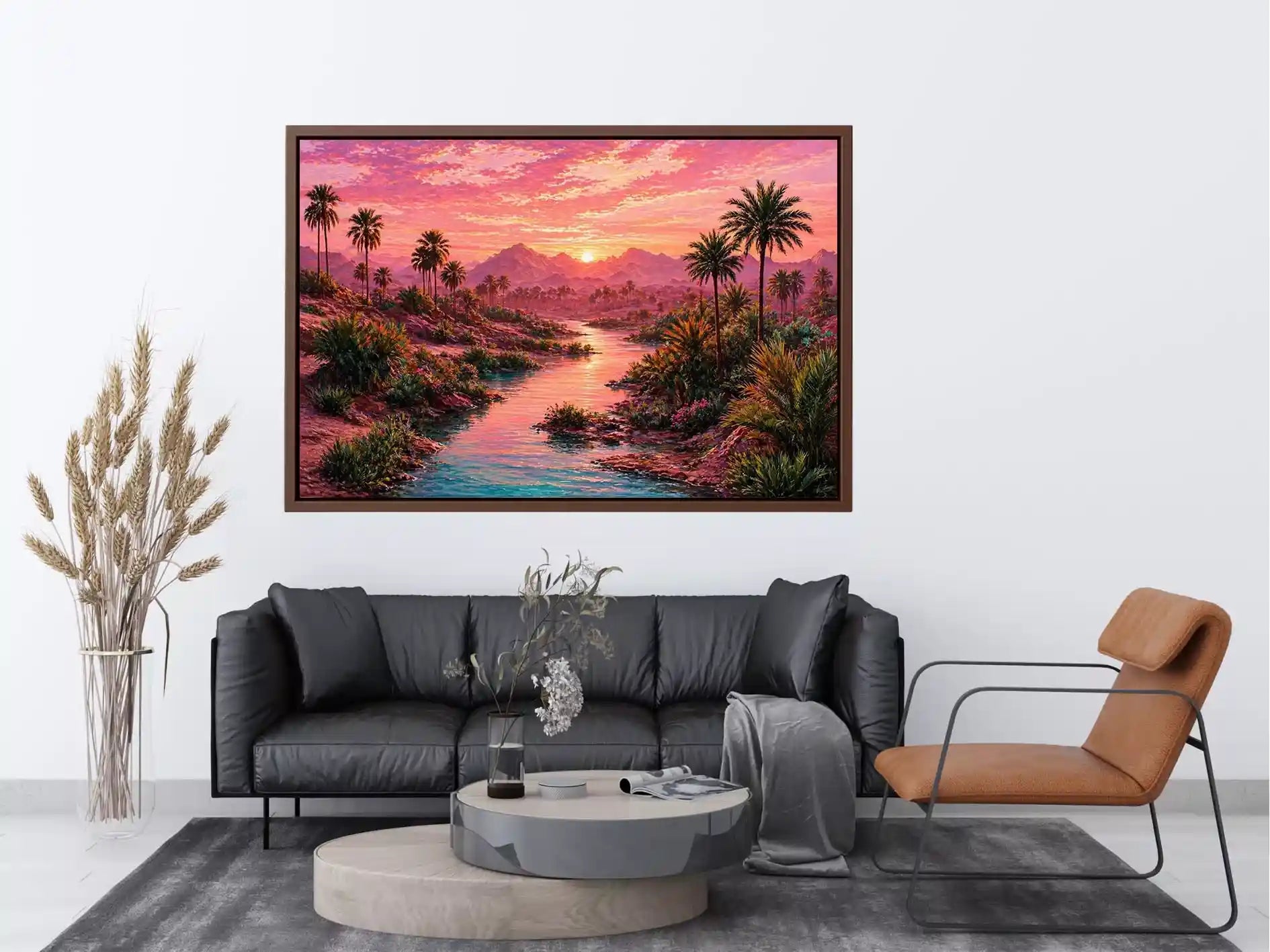 desert oasis landscape with pink sunset sky and palm trees wall art canvas