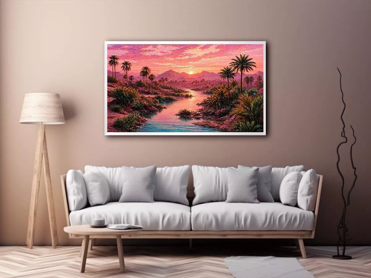 desert oasis landscape with pink sunset sky and palm trees wall art canvas