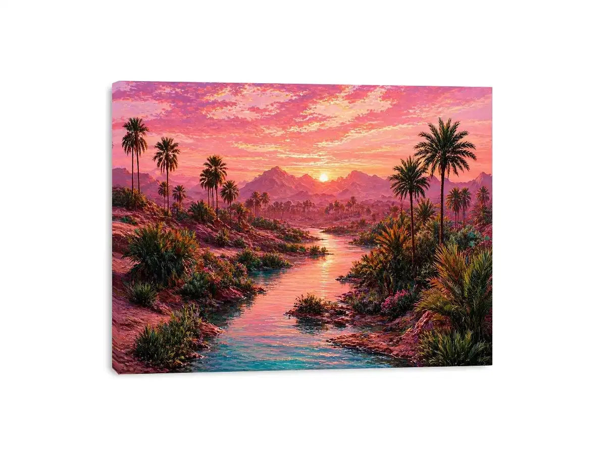desert oasis landscape with pink sunset sky and palm trees wall art canvas