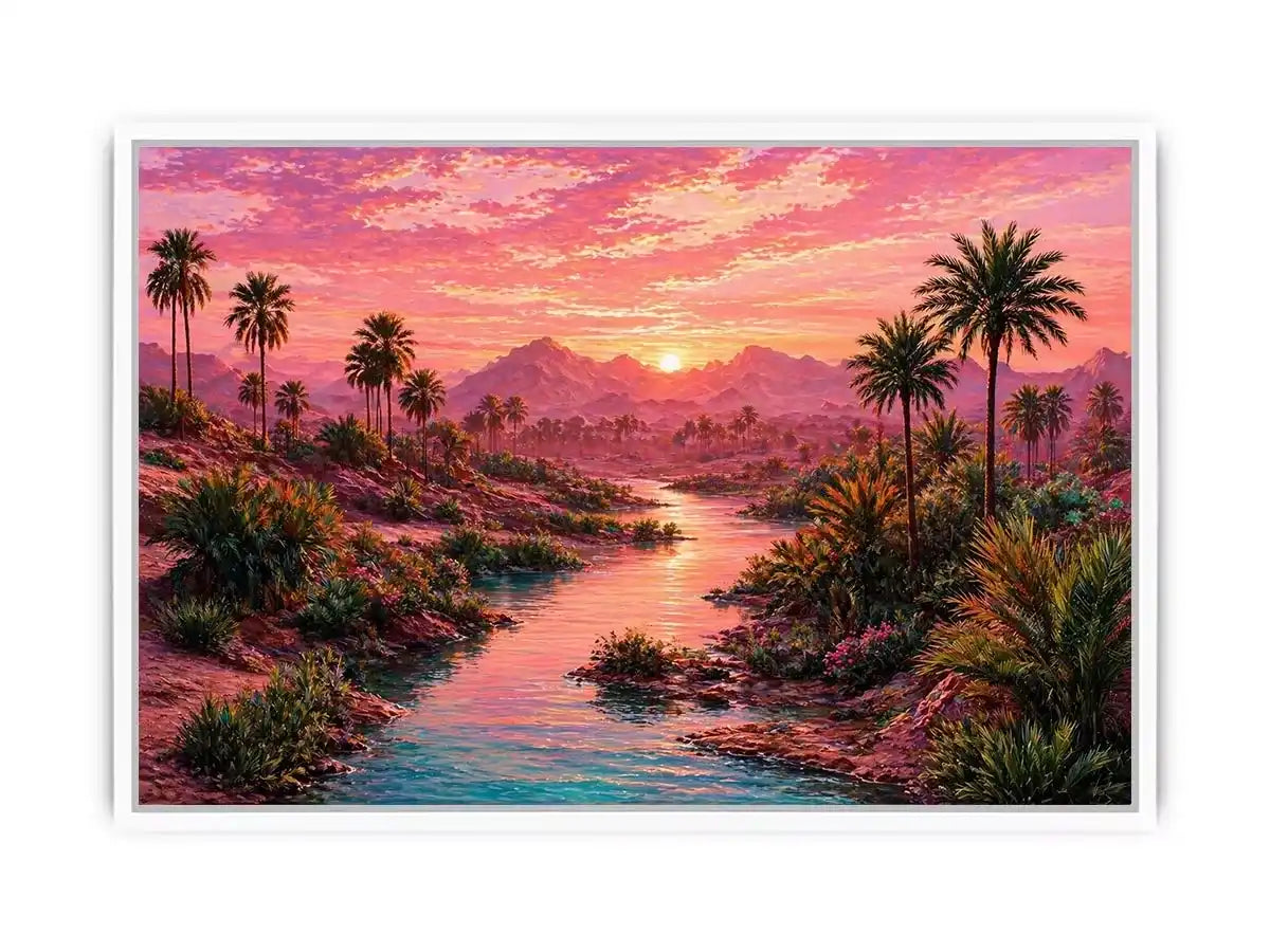 desert oasis landscape with pink sunset sky and palm trees wall art canvas
