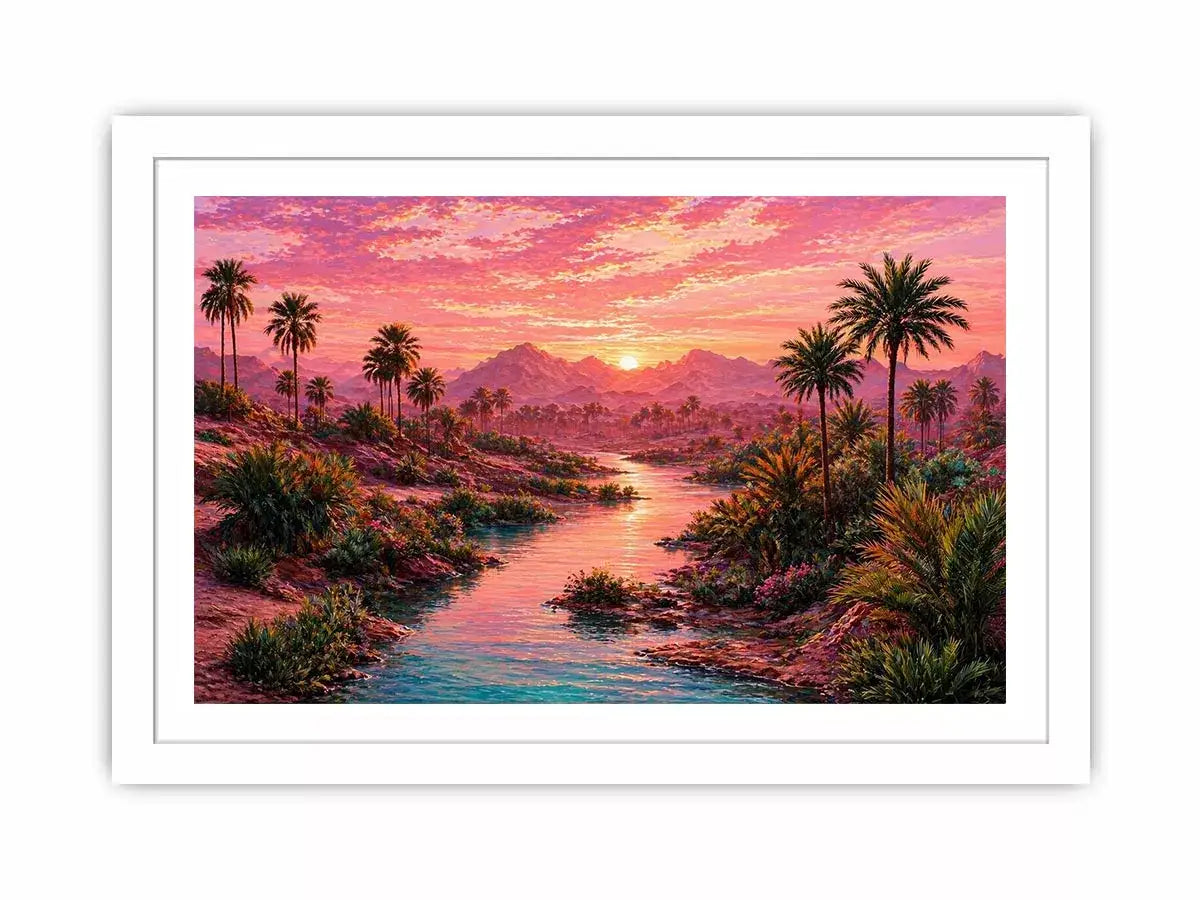 desert oasis landscape with pink sunset sky and palm trees wall art canvas