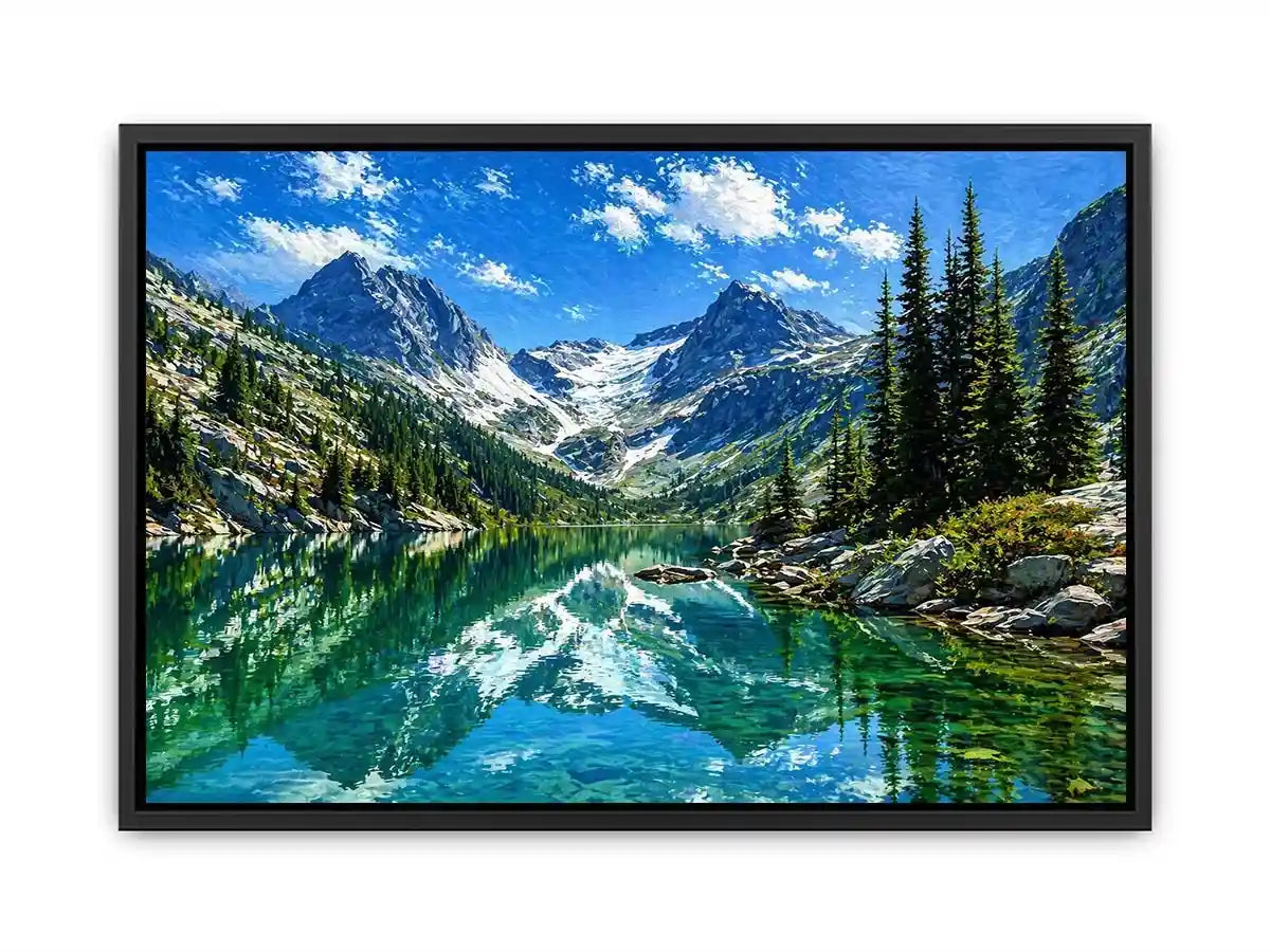 alpine mountain lake reflection landscape wall art canvas with trees and peaks
