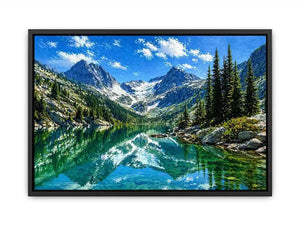 alpine mountain lake reflection landscape wall art canvas with trees and peaks
