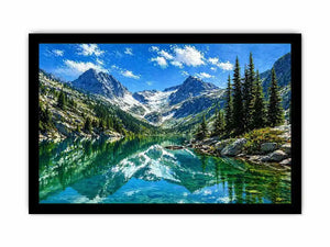 alpine mountain lake reflection landscape wall art canvas with trees and peaks