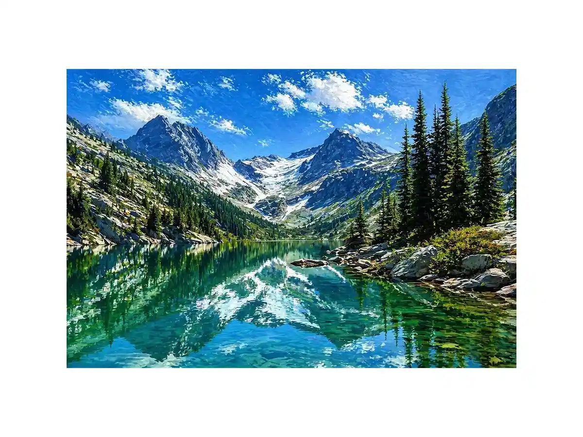 alpine mountain lake reflection landscape wall art canvas with trees and peaks
