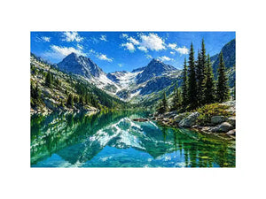 alpine mountain lake reflection landscape wall art canvas with trees and peaks