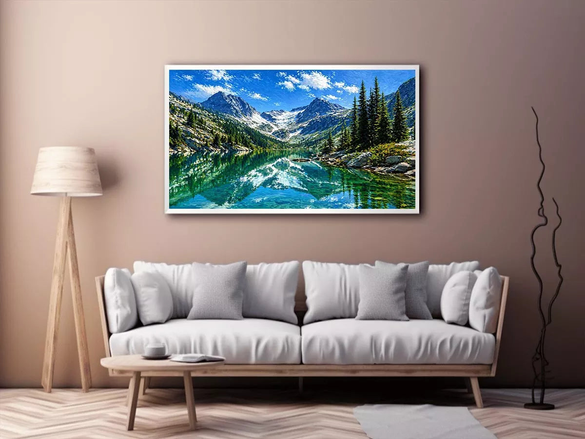 alpine mountain lake reflection landscape wall art canvas with trees and peaks