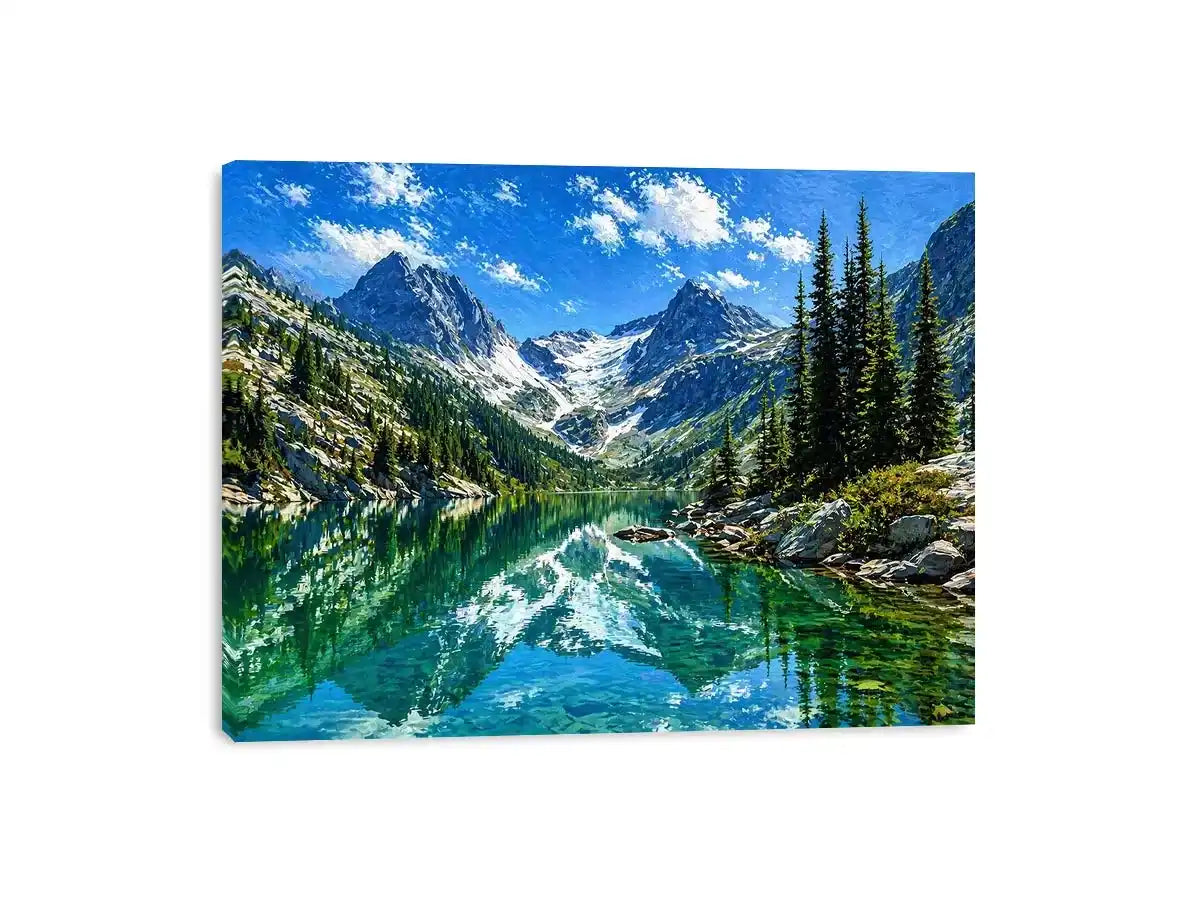 alpine mountain lake reflection landscape wall art canvas with trees and peaks