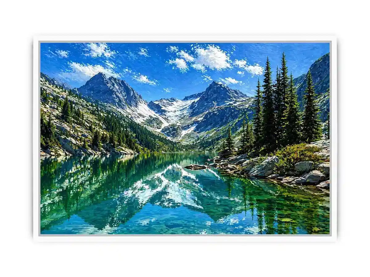 alpine mountain lake reflection landscape wall art canvas with trees and peaks