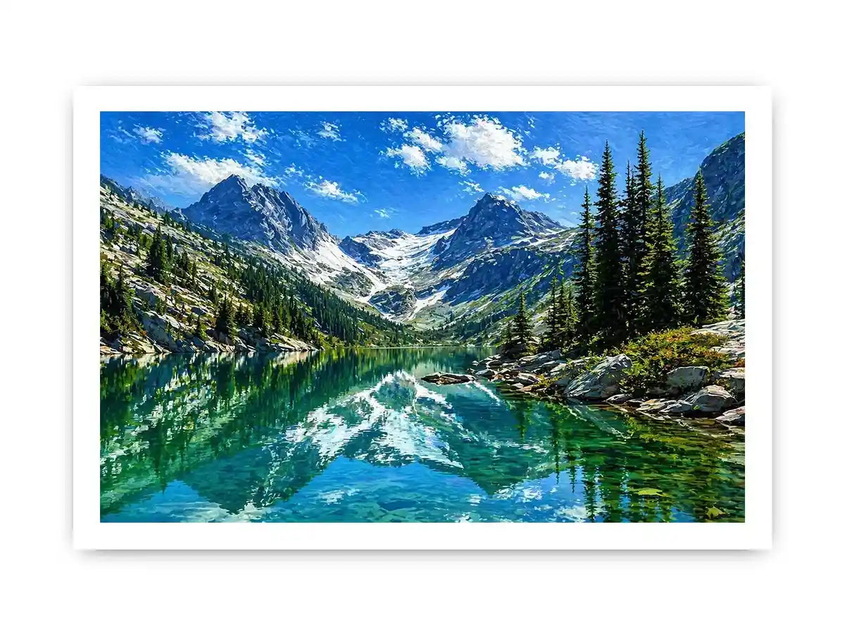 alpine mountain lake reflection landscape wall art canvas with trees and peaks