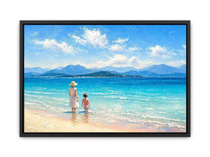 serene beach scene with woman and child ocean wall art canvas