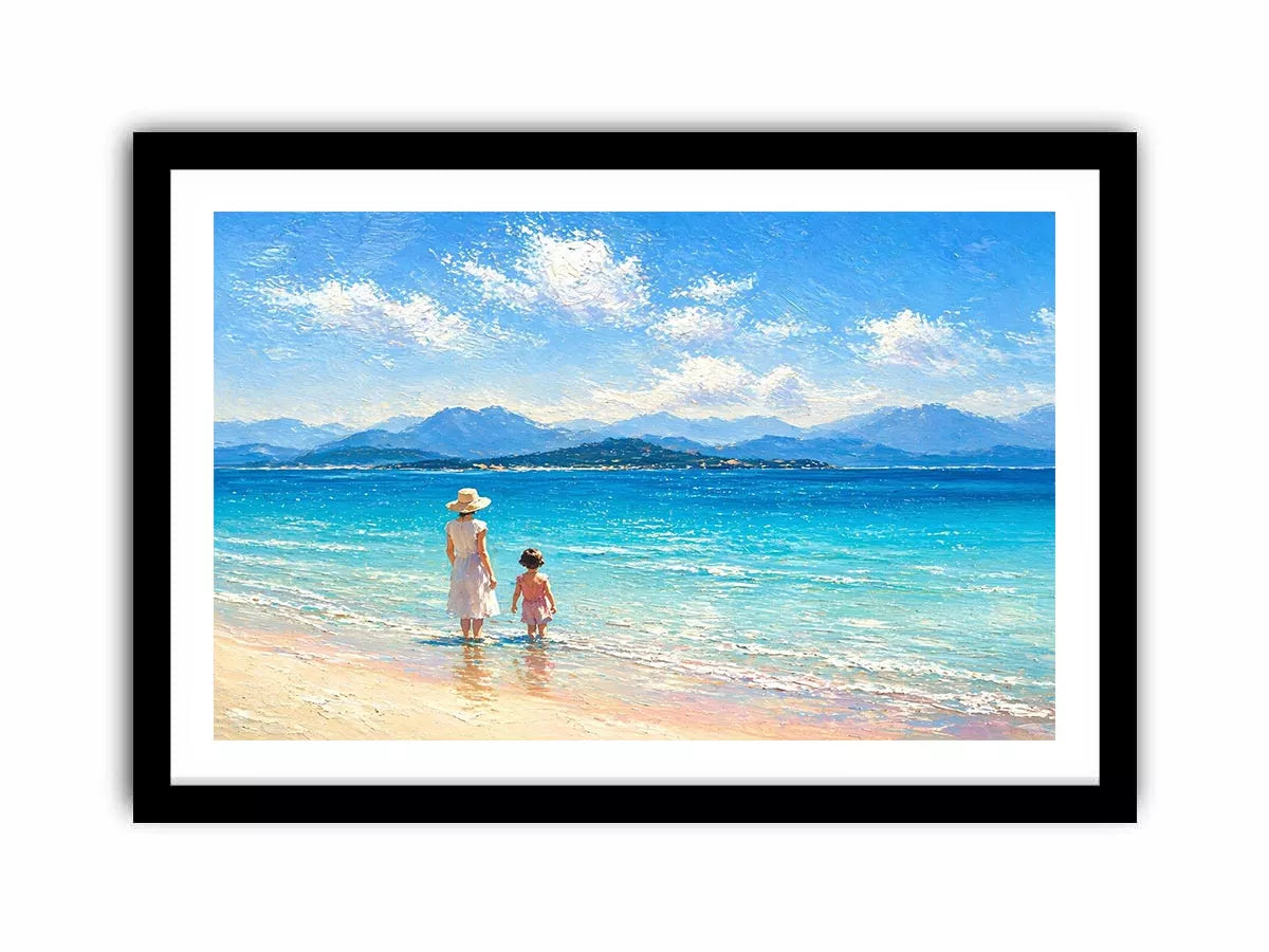 serene beach scene with woman and child ocean wall art canvas