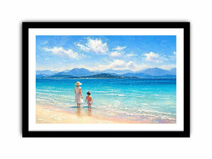 serene beach scene with woman and child ocean wall art canvas