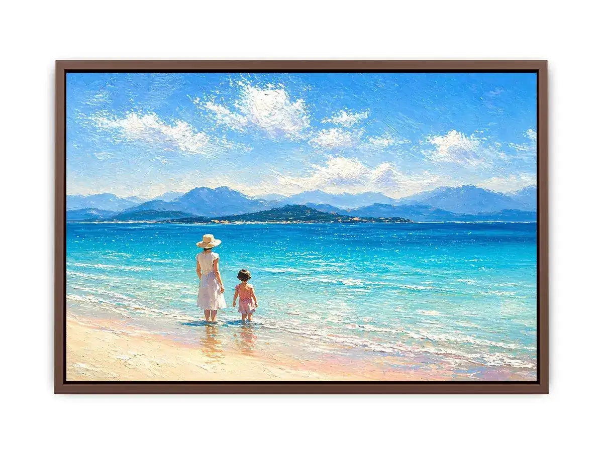 serene beach scene with woman and child ocean wall art canvas