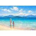 serene beach scene with woman and child ocean wall art canvas