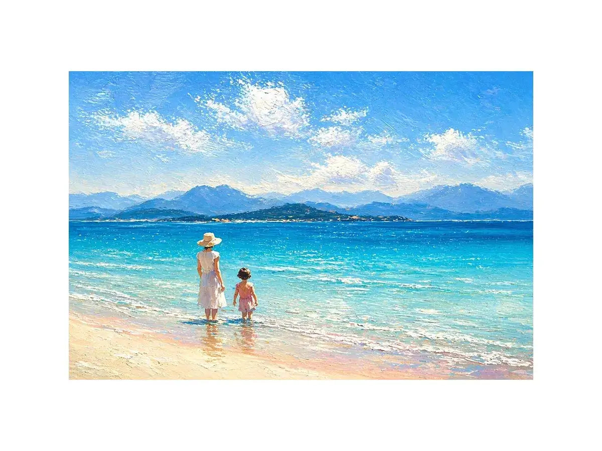 serene beach scene with woman and child ocean wall art canvas