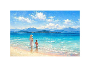serene beach scene with woman and child ocean wall art canvas
