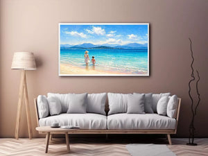 serene beach scene with woman and child ocean wall art canvas