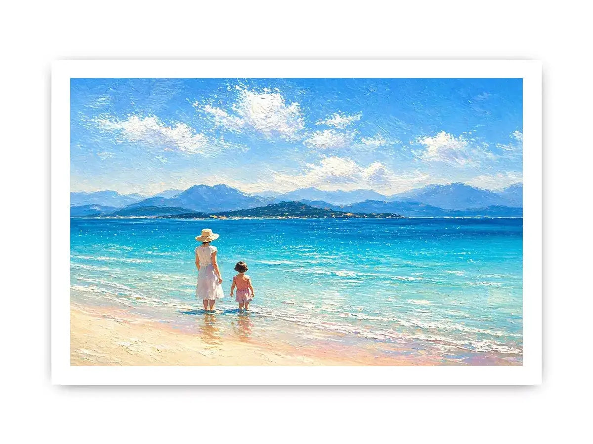 serene beach scene with woman and child ocean wall art canvas