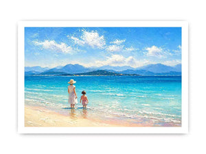 serene beach scene with woman and child ocean wall art canvas