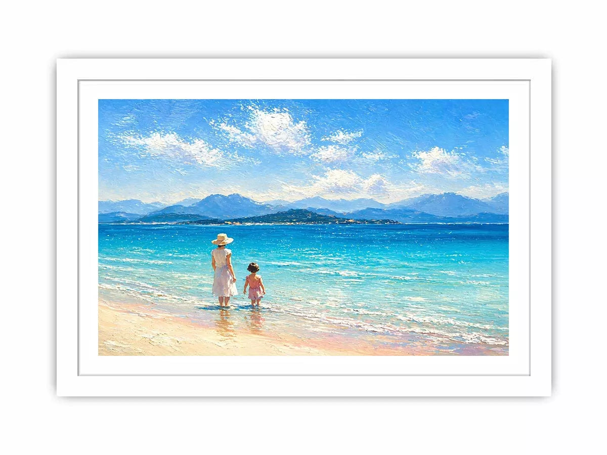 serene beach scene with woman and child ocean wall art canvas