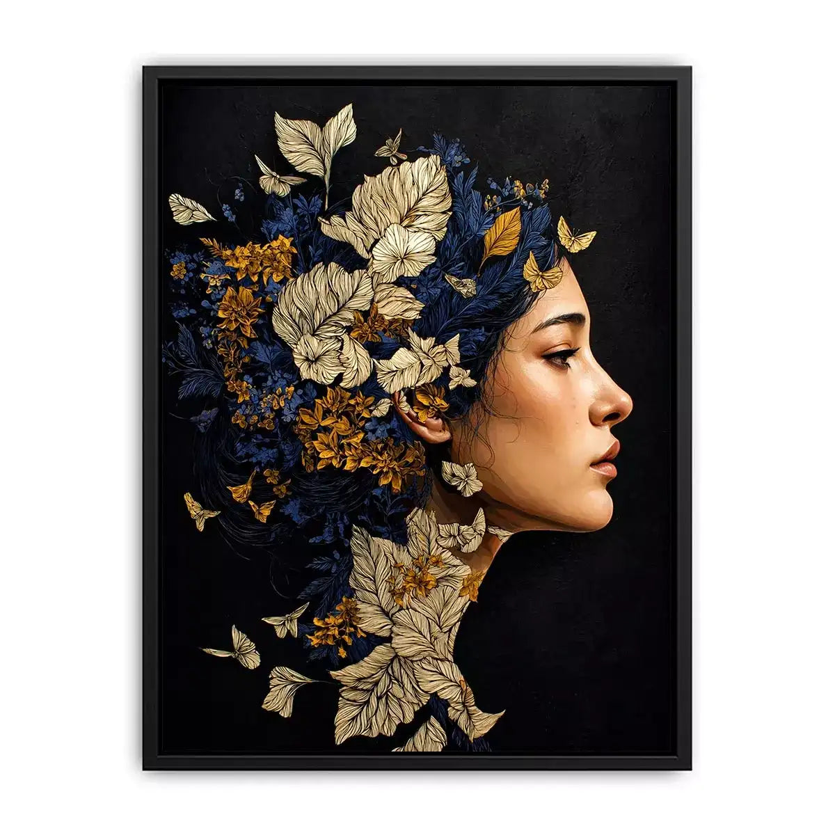 modern woman portrait with floral botanical elements luxury wall art canvas
