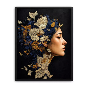 modern woman portrait with floral botanical elements luxury wall art canvas