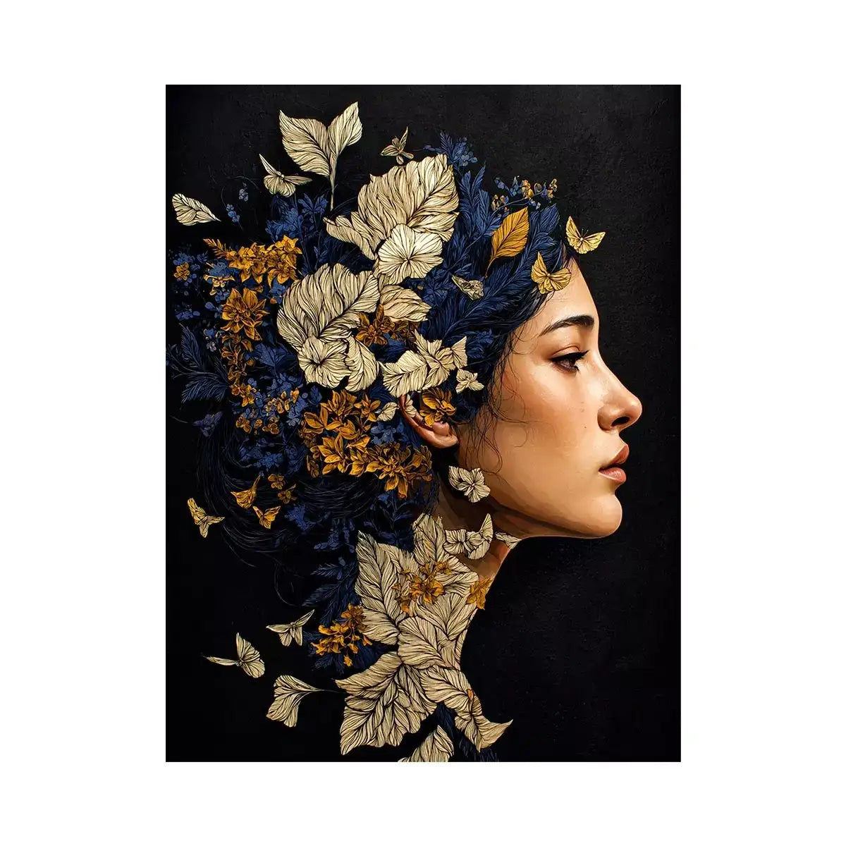 modern woman portrait with floral botanical elements luxury wall art canvas
