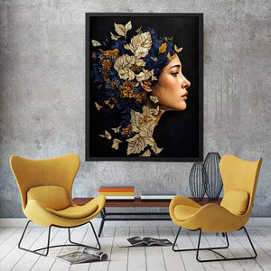 modern woman portrait with floral botanical elements luxury wall art canvas