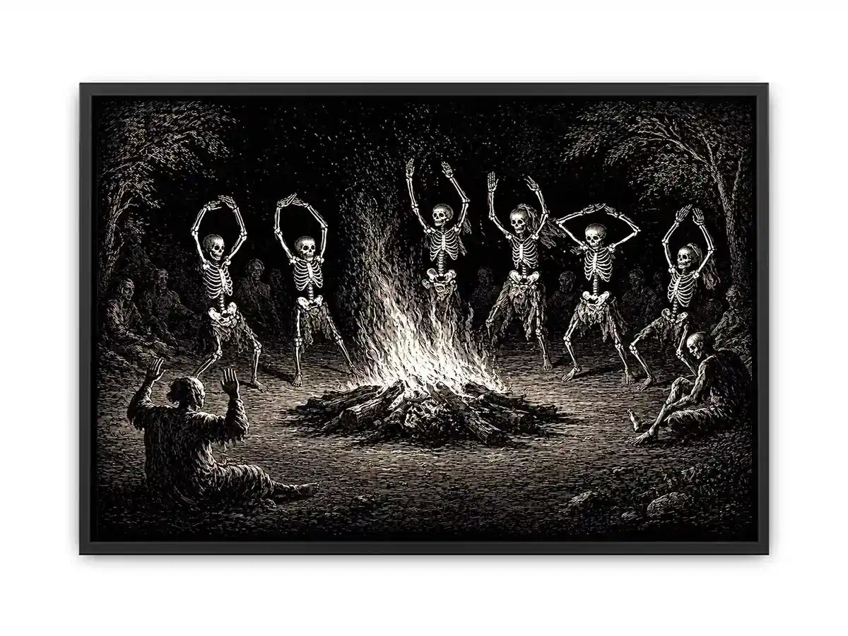 vintage skeleton dance around fire gothic wall art canvas