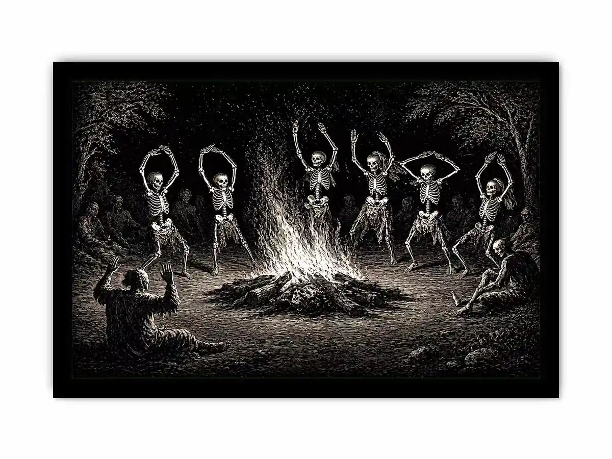 vintage skeleton dance around fire gothic wall art canvas