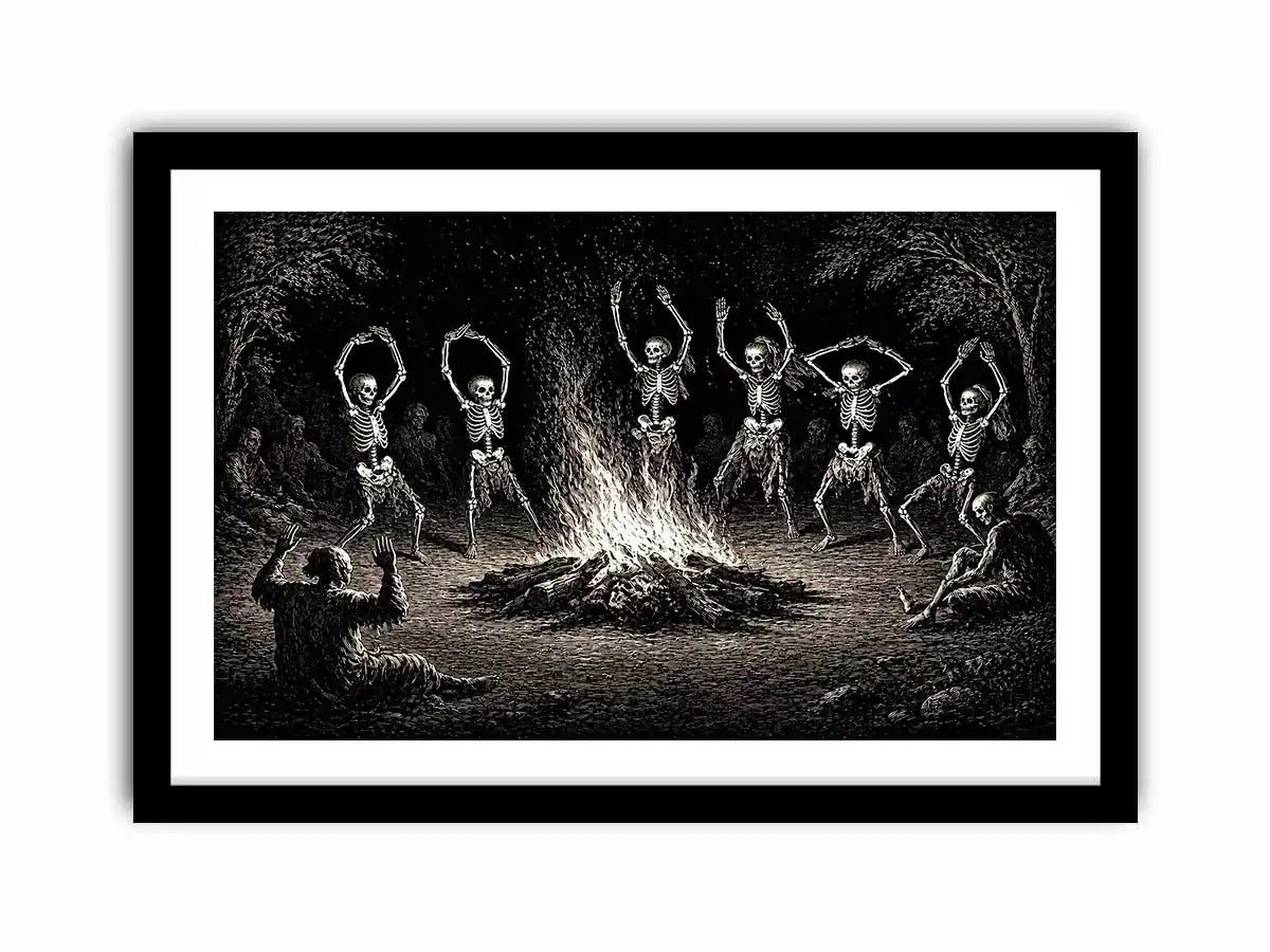 vintage skeleton dance around fire gothic wall art canvas