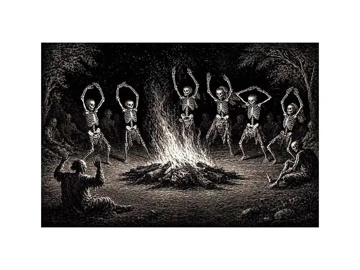 vintage skeleton dance around fire gothic wall art canvas