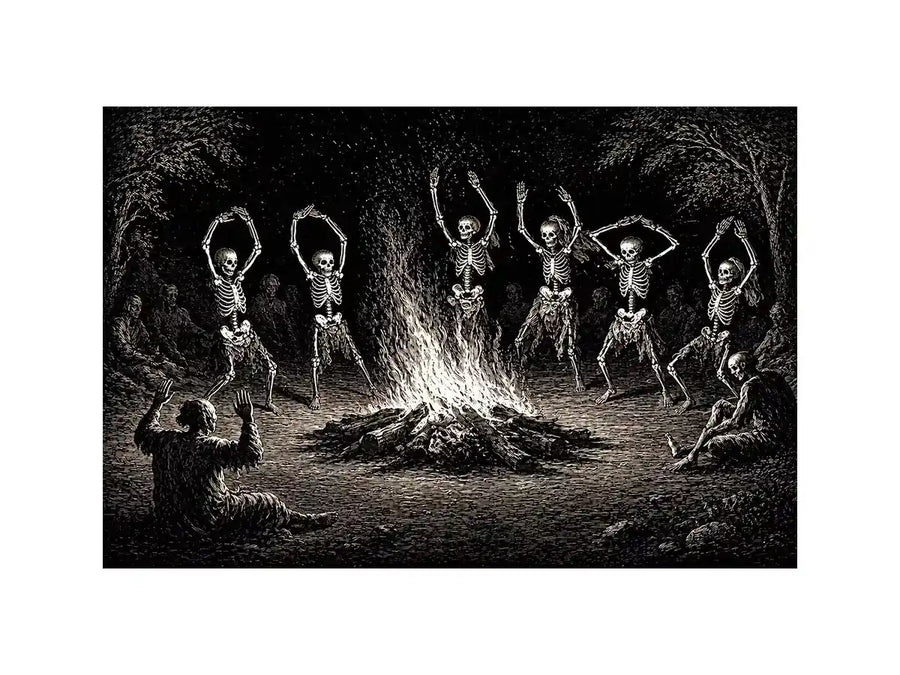 vintage skeleton dance around fire gothic wall art canvas
