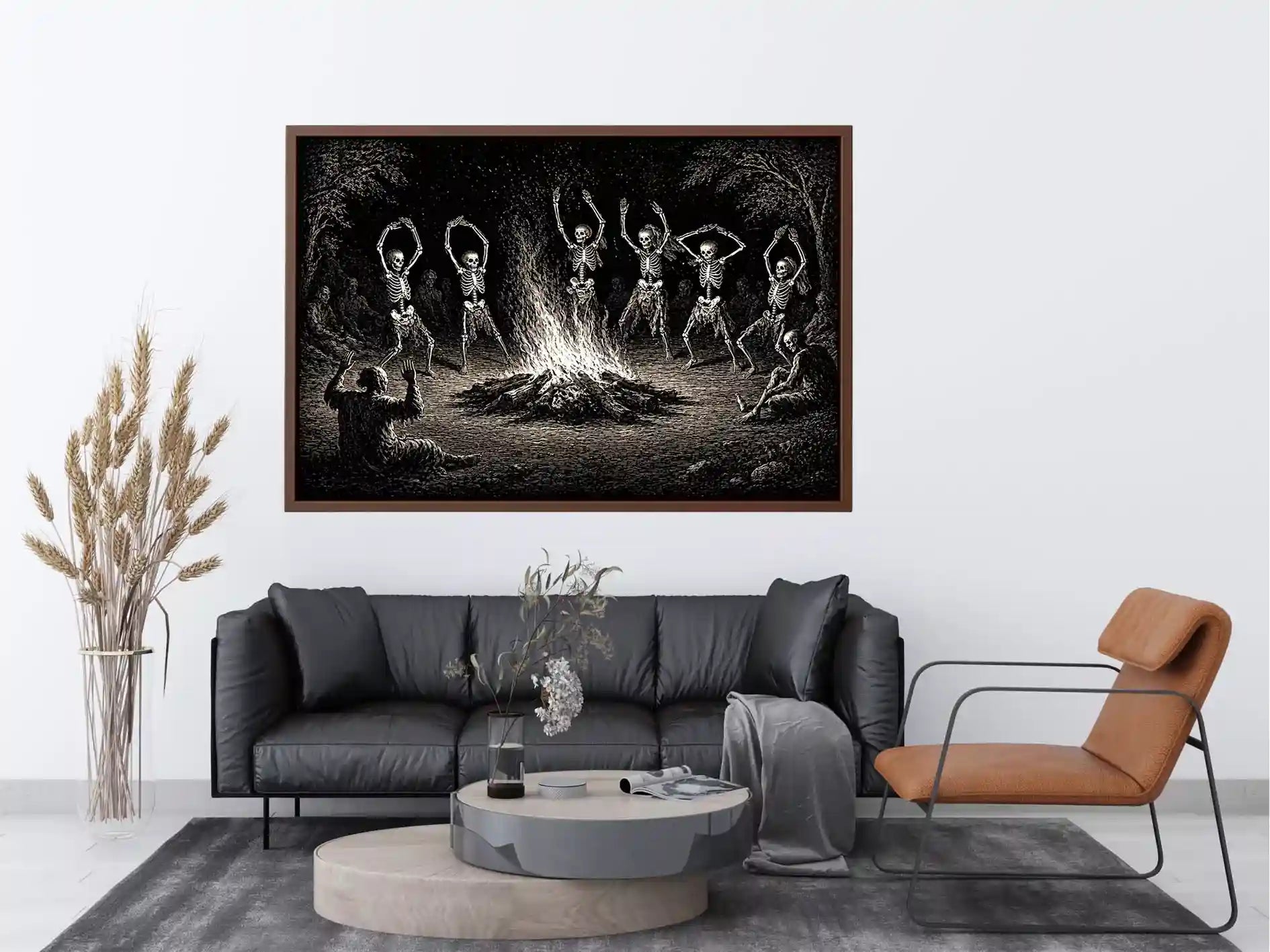 vintage skeleton dance around fire gothic wall art canvas