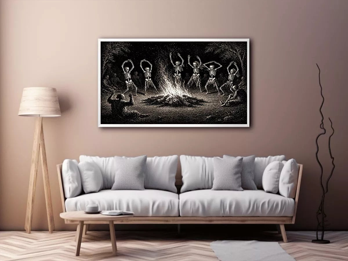 vintage skeleton dance around fire gothic wall art canvas