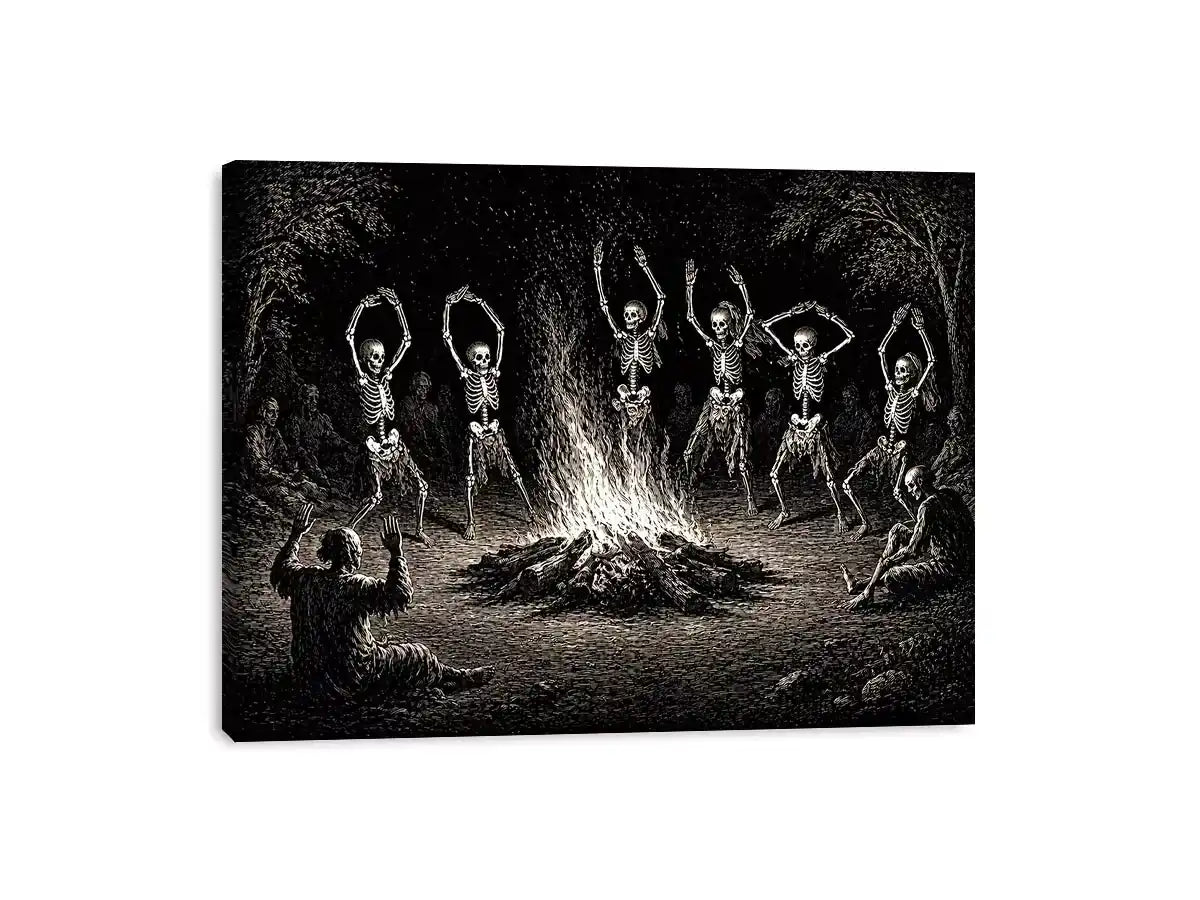 vintage skeleton dance around fire gothic wall art canvas