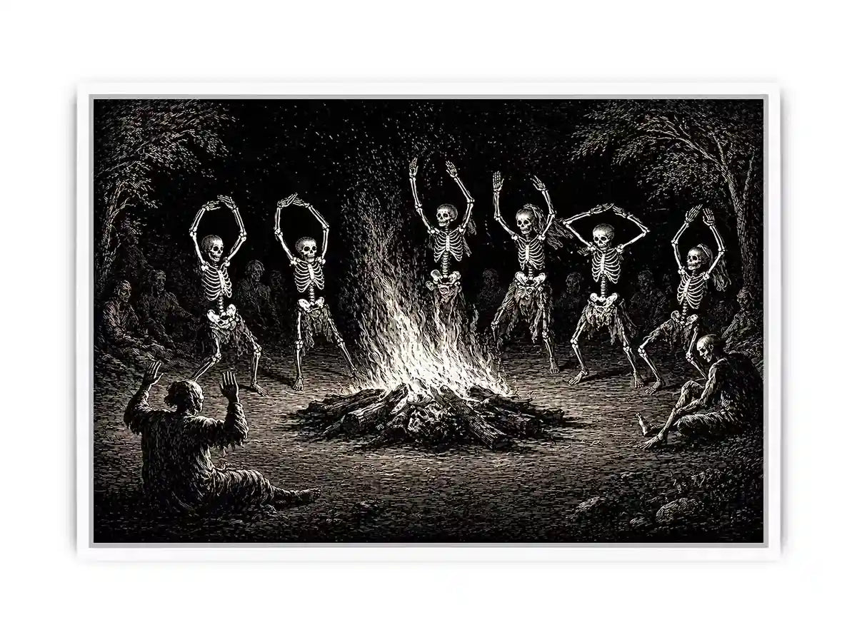 vintage skeleton dance around fire gothic wall art canvas