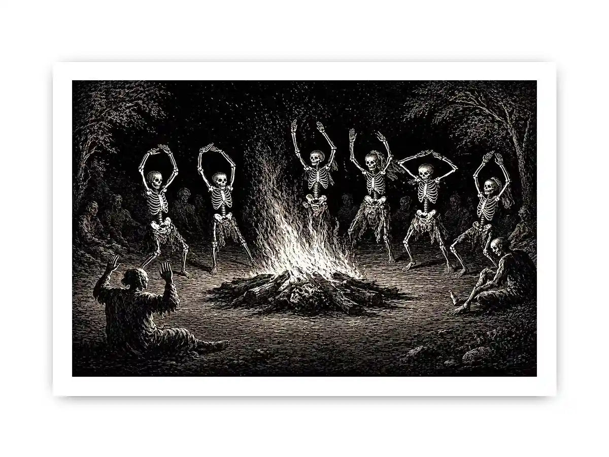 vintage skeleton dance around fire gothic wall art canvas