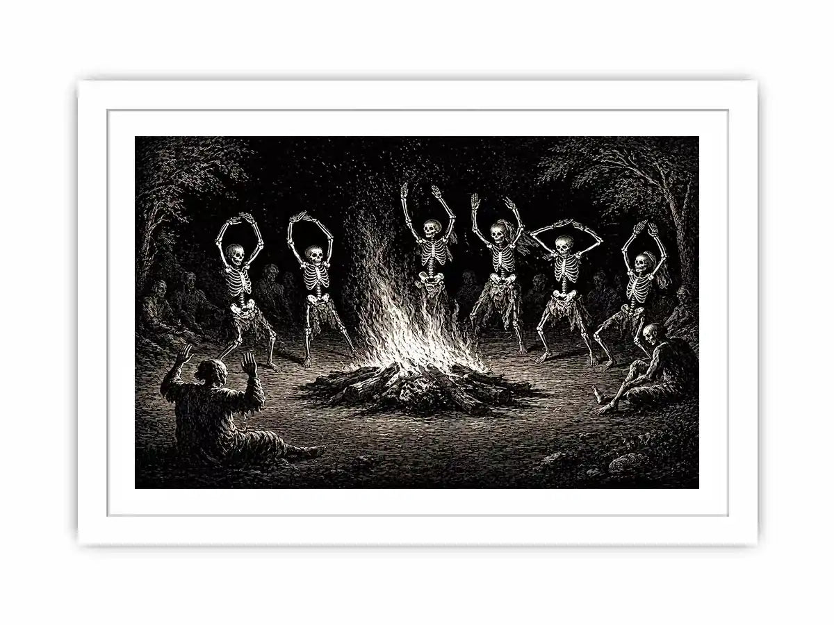 vintage skeleton dance around fire gothic wall art canvas