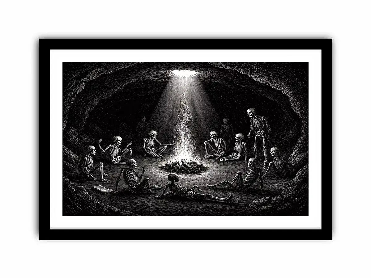 gothic skeleton ritual around fire vintage engraving wall art canvas