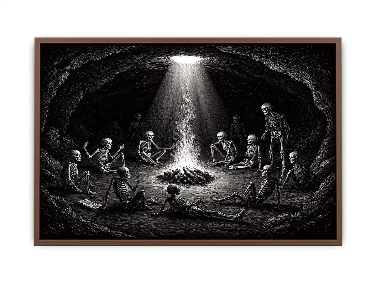 gothic skeleton ritual around fire vintage engraving wall art canvas