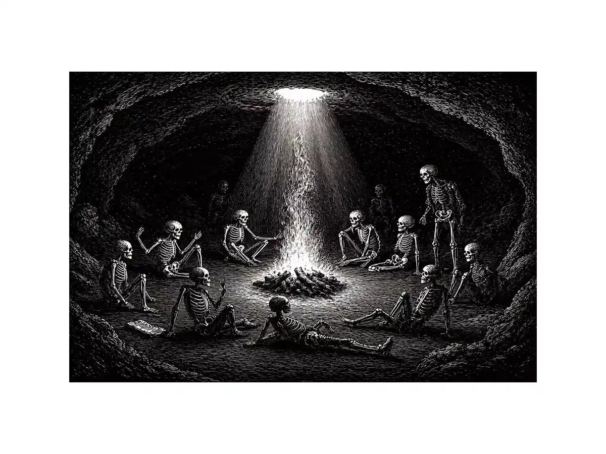 gothic skeleton ritual around fire vintage engraving wall art canvas