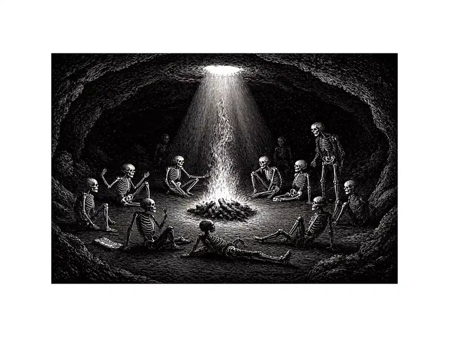 gothic skeleton ritual around fire vintage engraving wall art canvas